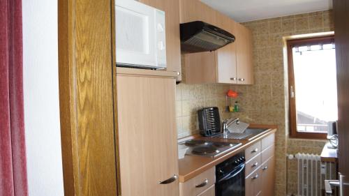 a small kitchen with a microwave and a stove at Waldblick in Schluchsee