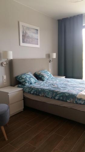 a bedroom with a bed with blue sheets and a window at Hel Amber Apart in Hel