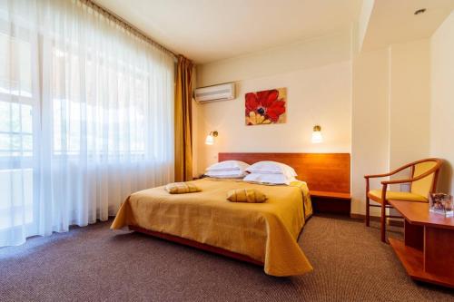 pokój hotelowy z łóżkiem i oknem w obiekcie Pensiunea Noel w mieście Băile Olăneşti
