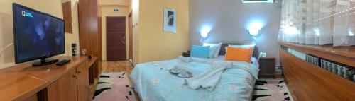 a bedroom with a bed with a television and a desk at Hotel Square in Skopje