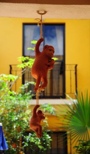 two monkey ornaments are hanging from a building at Casa Gecko in Oaxaca City