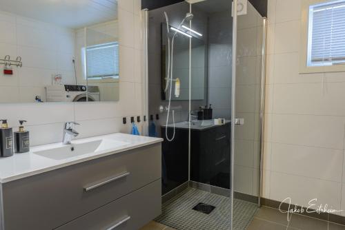 y baño con ducha acristalada y lavamanos. en Lofotveggen Panorama en Ballstad