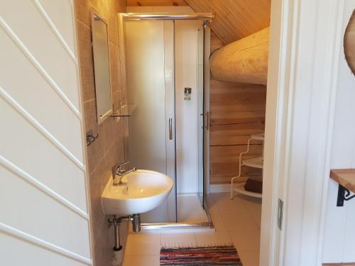 a bathroom with a sink and a shower at North Lakeside B&B Plateliai in Plateliai