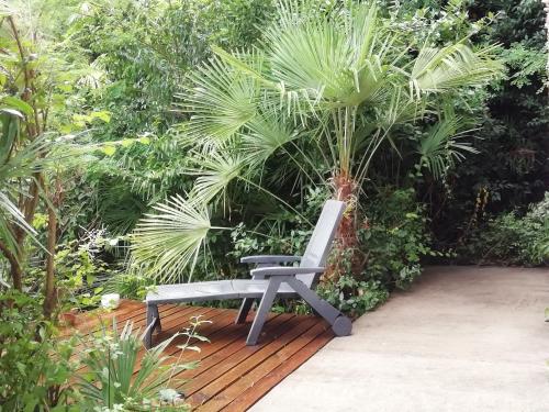 une chaise assise sur une terrasse en bois devant les plantes dans l'établissement Les Vignes du Château Duras Wifi et Belle vue, à Duras