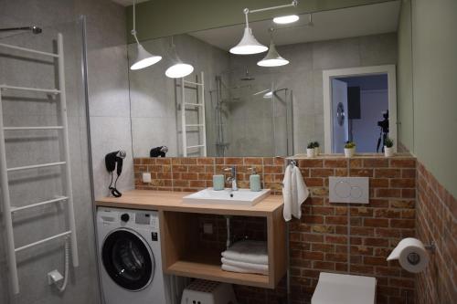 a bathroom with a sink and a washing machine at VerrAri Apartaments in Łeba
