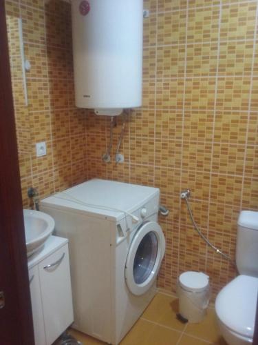 ein Badezimmer mit einer Waschmaschine und einem WC in der Unterkunft Rafto Apartment in Ohrid