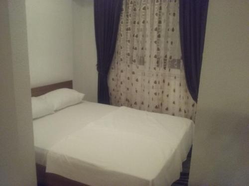 ein Schlafzimmer mit einem weißen Bett und einem Vorhang in der Unterkunft Rafto Apartment in Ohrid