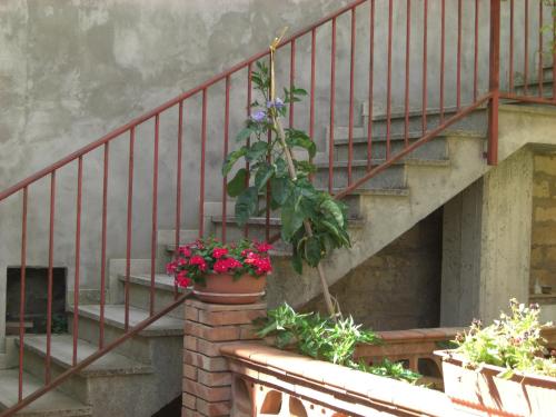 a staircase with flowers in a pot on a brick wall at Albergo Villa Nobile in Chiaramonte Gulfi