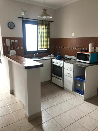 a kitchen with a counter top and a microwave at Departamento a 200 mts de la laguna in Chascomús