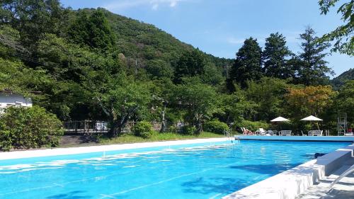 a large swimming pool with a mountain in the background at Nanten-En in Kawachinagano