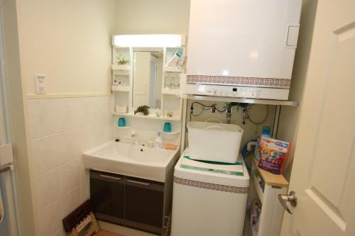 a small bathroom with a sink and a mirror at Alaha Blue Resort 6F -SEVEN Hotels and Resorts- in Chatan