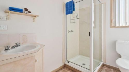 a bathroom with a shower and a sink at SWANSEA VILLAS in Swansea