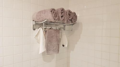 a bathroom with towels on a rack in a bathroom at Pleasant City Stay on Collins in Melbourne