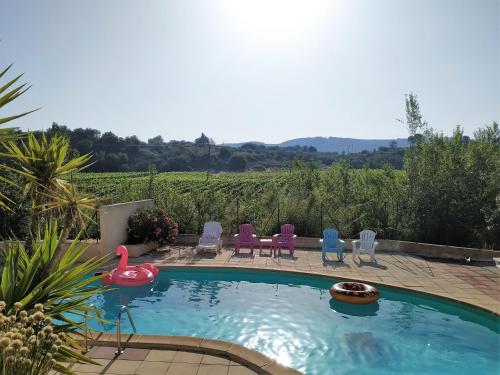 a swimming pool with chairs and a swan in the water at Les chalets du Relais d'Aguilar in Tuchan