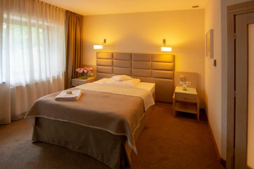 a hotel room with a large bed and a window at Columna Medica in Łask