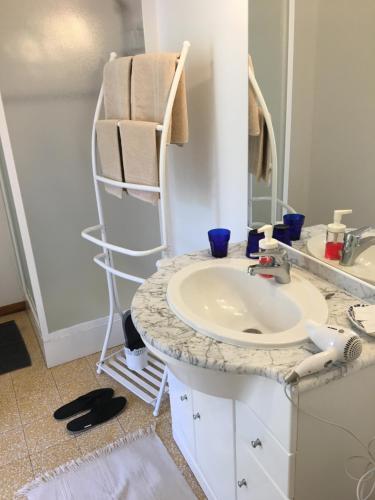 a bathroom with a sink and a mirror at La Coconnière de Valleraugue in Valleraugue