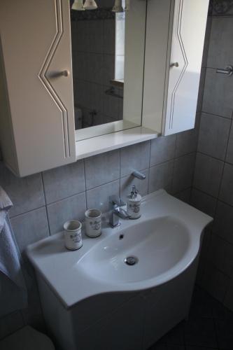 een wastafel in de badkamer met 2 kopjes en een spiegel bij Apartman Jasna Banjole II in Banjole