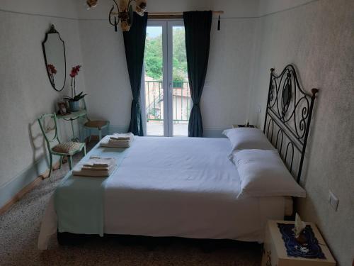 a bedroom with a large white bed and a window at Il mulino di Aurora in Dosso del Liro