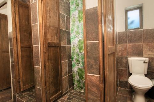 a bathroom with a toilet and tiled walls at Cape Agulhas BACKPACKERS in Struisbaai