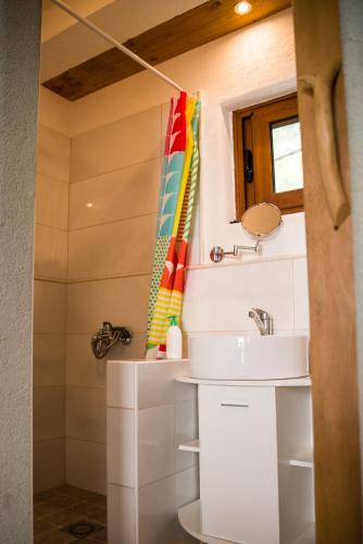 a bathroom with a sink and a shower at Adriatrek Bed & Breakfast in Petrovac na Moru