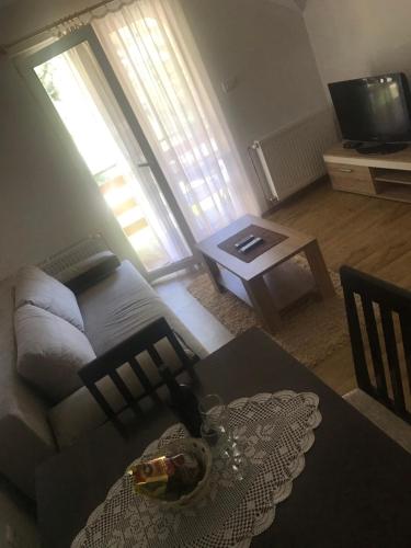 a living room with a couch and a table at Mountain House Tara Apartmani Nikolic in Kaludjerske Bare