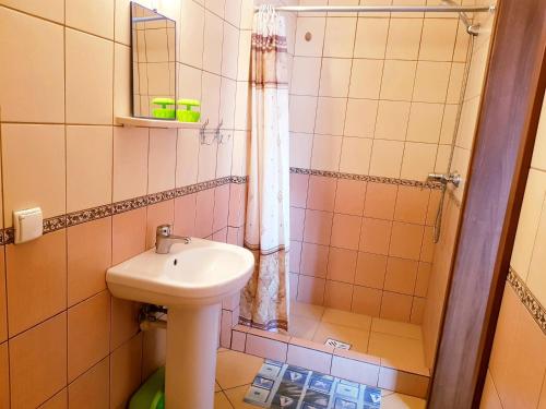 a small bathroom with a sink and a shower at Pokoje Gościnne Martynka in Białogóra
