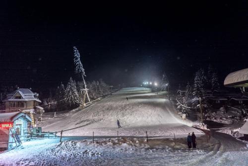 a snow covered ski slope at night with people on it at Lobogo Resort in Vlăhiţa