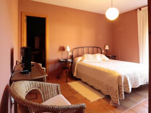 a bedroom with a bed and a tv and a chair at Casa Rural La Casa de la Herrería in Vega del Codorno