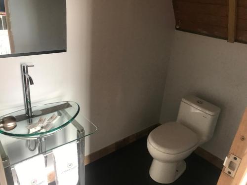 een badkamer met een toilet en een glazen wastafel bij Choquequirao Sanctuary Lodge in Cuzco