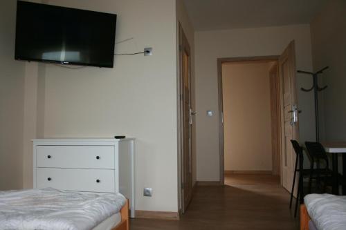 a bedroom with a bed and a dresser with a television on the wall at Ararauna in Kamienica