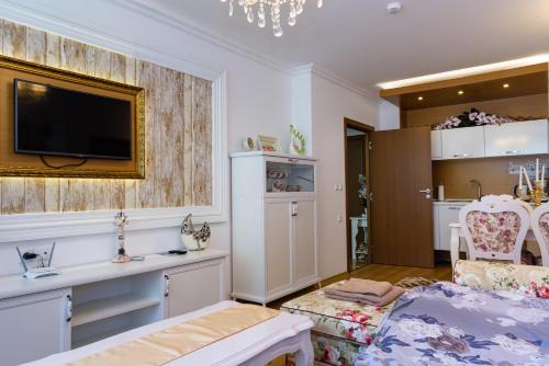 a bedroom with a bed and a tv on a wall at Sweet Homes Apartments in Sunny Beach