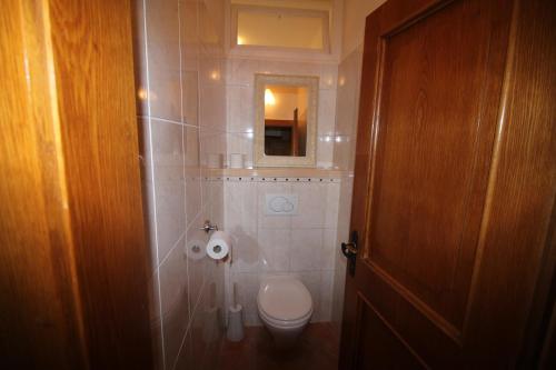 a bathroom with a toilet and a mirror and a door at Haus Wolfgang in Reifnitz