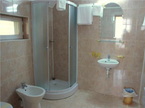 a bathroom with a shower and a toilet and a sink at Pensiunea Phoenix in Oradea