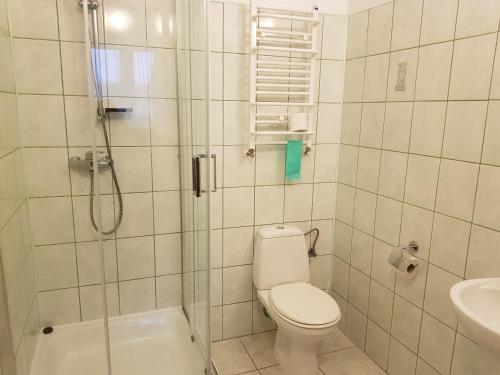 a bathroom with a shower and a toilet and a sink at Ośrodek Wypoczynkowy Nad Stawem vis a vis Parku Zdrojowego z Tężnią Solankową - B&B Holiday Resort By The Lake - Erholungsheim Am See - Prázdninový dům U Jezera in Kudowa-Zdrój
