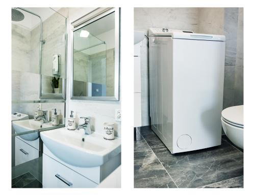 y baño con lavabo, ducha y aseo. en Apartamenty Cypryjskie 2 sypialnie, en Koszalin