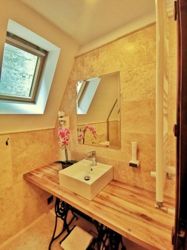 a bathroom with a sink and a mirror at Casa Kuhn in Sighişoara