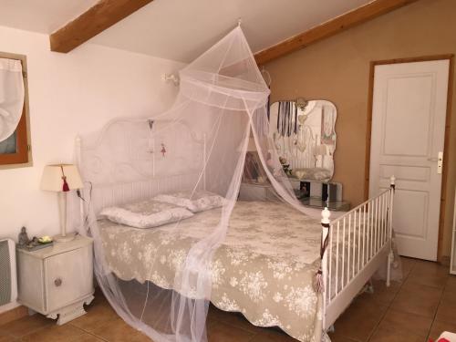 Schlafzimmer mit einem Bett mit Moskitonetz in der Unterkunft gite LESIMON in Cotignac