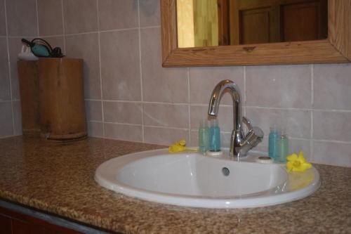 a bathroom sink with a faucet and candles on it at Chalet Bamboo Vert in La Digue
