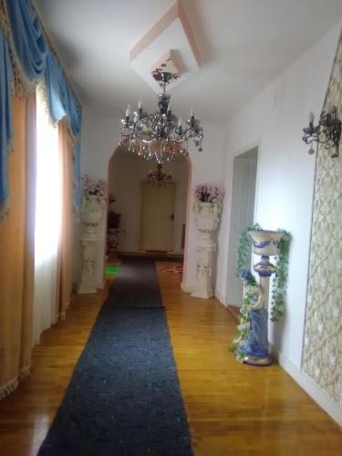 a hallway with a chandelier and a long carpet at CAZARE LA ESPAÑOLA in Haţeg