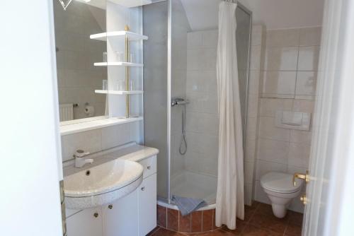 y baño con ducha, lavabo y aseo. en Gasthof Pension „Zur Hammerschmiede“, en Drosendorf Altstadt
