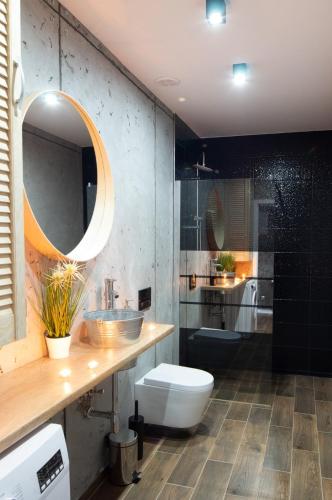 a bathroom with a sink and a toilet and a mirror at Apartament MINUS in Mrągowo