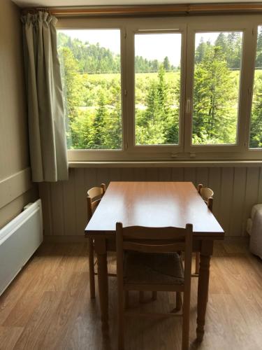une table et des chaises dans une pièce avec une fenêtre dans l'établissement RÉSID BEC DE L AIGLE Studio 21 - LE LIORAN, à Laveissière