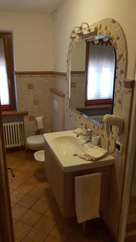 a bathroom with a sink and a mirror and a toilet at Agritur Coryletum in Coredo