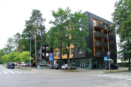 un edificio sul lato di una strada con auto parcheggiate di Ruta Marija a Druskininkai