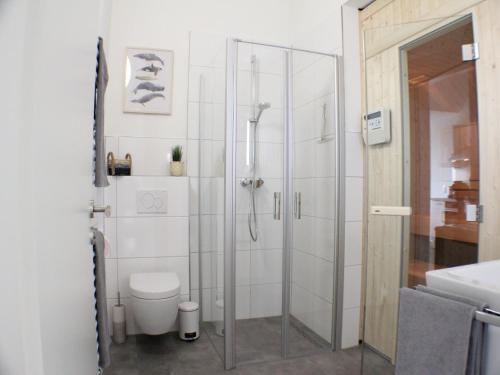 a bathroom with a glass shower with a toilet at Sonnengarten 10 - Ruhepol in Kellenhusen