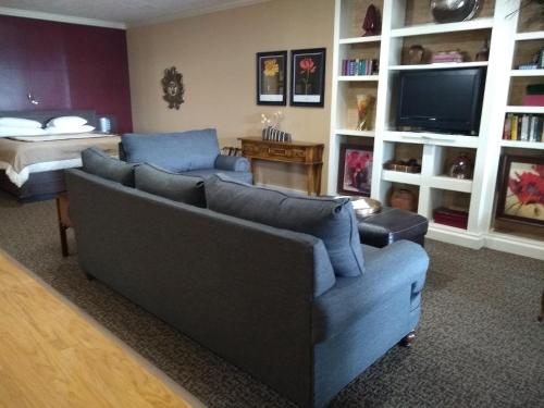 sala de estar con sofá y TV en Southern Comfort Suites en Mayfield