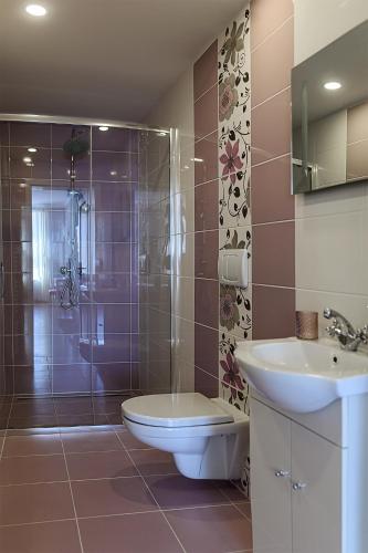 a bathroom with a toilet and a shower and a sink at Penzion Florián Telč in Telč
