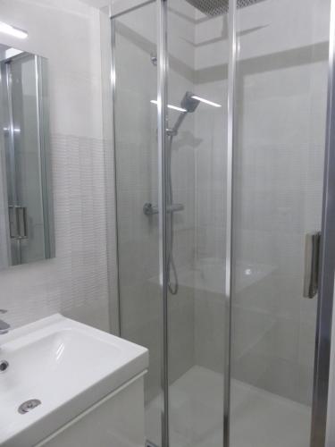 La salle de bains est pourvue d'une douche en verre et d'un lavabo. dans l'établissement Plage des Minimes PONANT 6 VUE MER, à La Rochelle