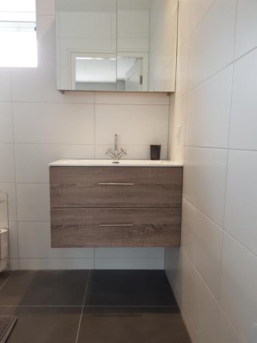 a bathroom with a sink and a mirror at Vitamine Zee in Petten