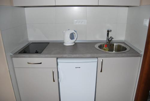 a small white kitchen with a sink and a sink at Kod Nade in Petrovac na Moru